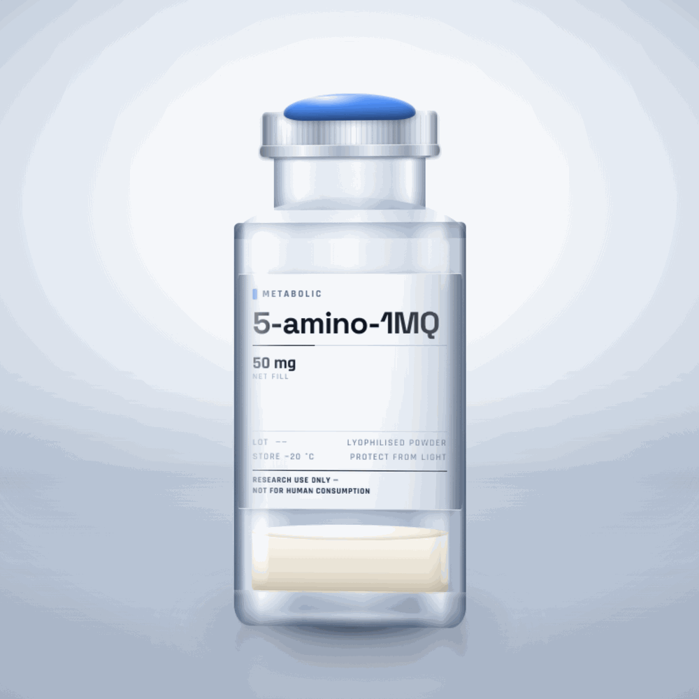 5-amino-1MQ 50mg vial — clear glass research-compound vial with an aluminium crimp cap,  purity, labelled for laboratory research use only