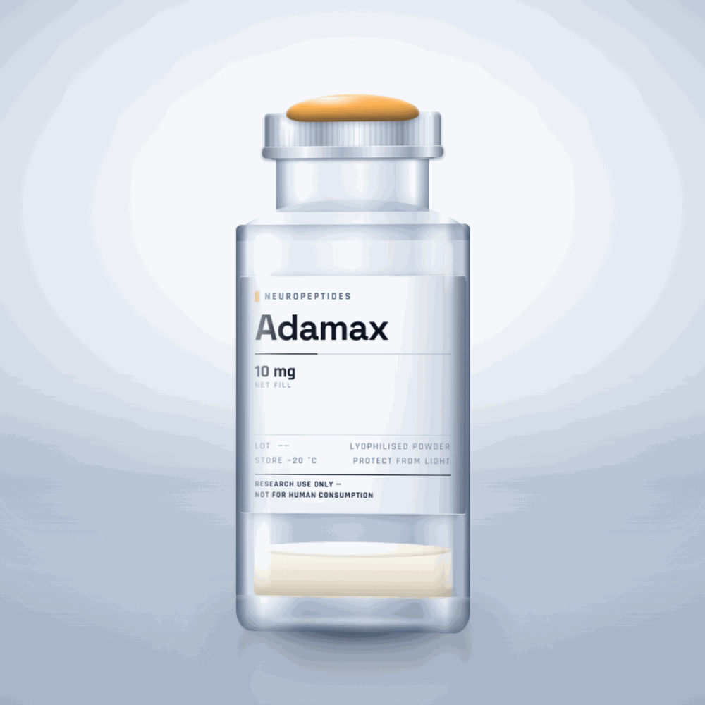 Adamax 10mg vial — clear glass research-compound vial with an aluminium crimp cap,  purity, labelled for laboratory research use only