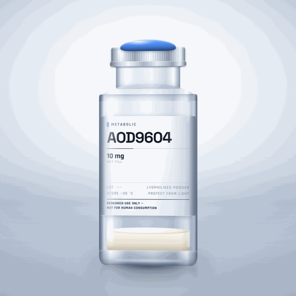 AOD9604 10mg vial — clear glass research-compound vial with an aluminium crimp cap,  purity, labelled for laboratory research use only