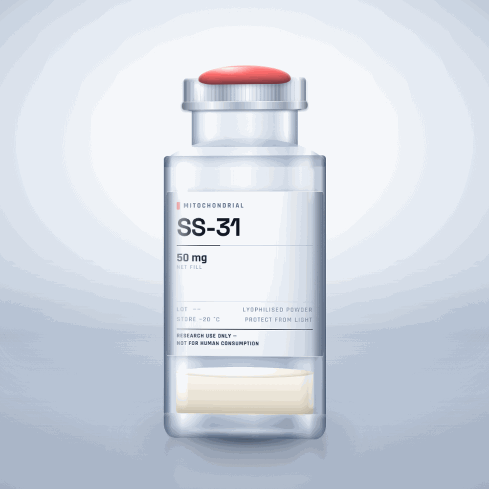 SS-31 50mg vial — clear glass research-compound vial with an aluminium crimp cap,  purity, labelled for laboratory research use only